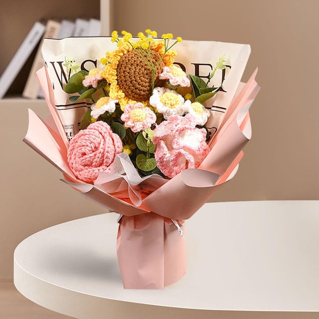 Ramo de flores de ganchillo, flores tejidas, decoración del Día de San Valentín, ramo tejido para cafetería, restaurante, sala de estar, cumpleaños , Rosa Macarena ramos de novia
