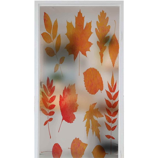 Stickers PVC Home Privacy Decor Watercolor Collection of Beautiful Orange Autumn Leaves Isolated on White Background 35.4" x 39" lass Sticker for Office Home Bedroom lass Door Privacy