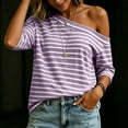 thumbnail image 4 of DeHolifer Women's T-Shirts Casual Off-shoulder Striped Printed Short Sleeve Turtleneck Tops Purple 2XL, 4 of 8