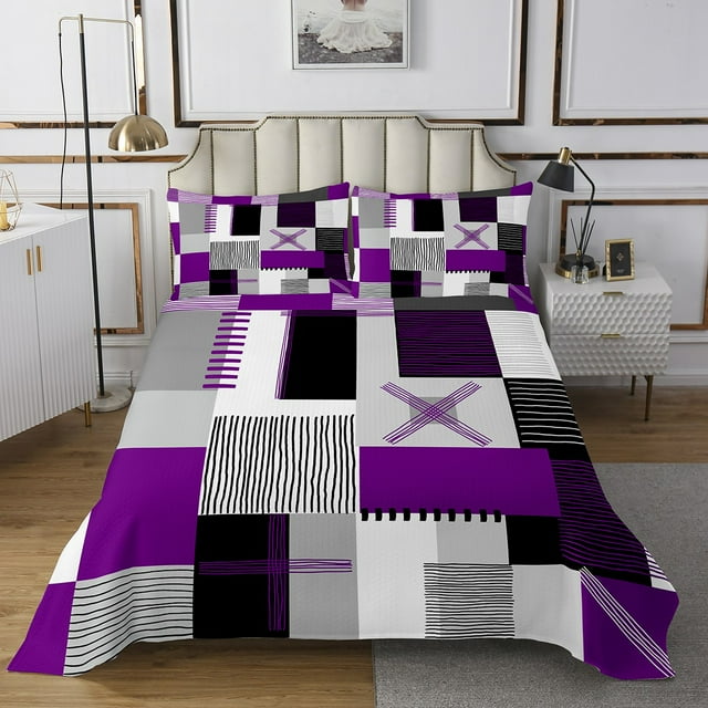 Erosebridal Geometric Stripe Coverlet Set King,Rectangle Lines Bedding Set,Patchwork Decor,Breathable,3 Pieces
