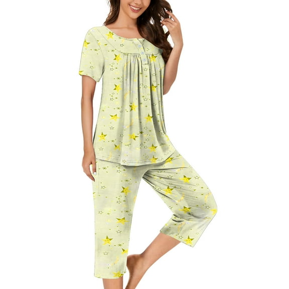 uublik Short Pajama Set for Women Short Sleeve Sleepwear Tops and Capri Pants Pjs Print Pajama Sets