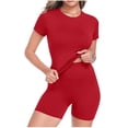 thumbnail image 2 of Cagogo Women's 2 Piece Shorts Set Casual Summer Workout Yoga Outfits Loose Short Sleeve Crew Neck Tops Comfy Bike Shorts Matching Lounge Sets Tracksuits Clothes, Red L, 2 of 5