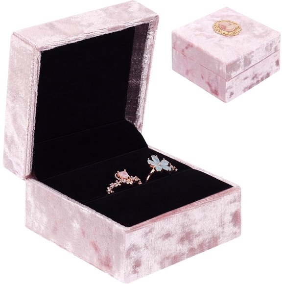 DesignSter Boîte à Bagues Carrée en Velours pour Bijoux Boîte Cadeau, Support d'Affichage Double avec Couvercle Amovible pour Proposition, Fiançailles, Mariage, Cérémonie, Rose