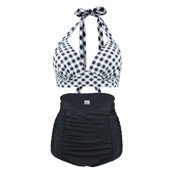 PMVFHDE Swimwear for Women Retro Polka Dot Halter High Waist Bikini Set Two Piece Bathing Suit White,M