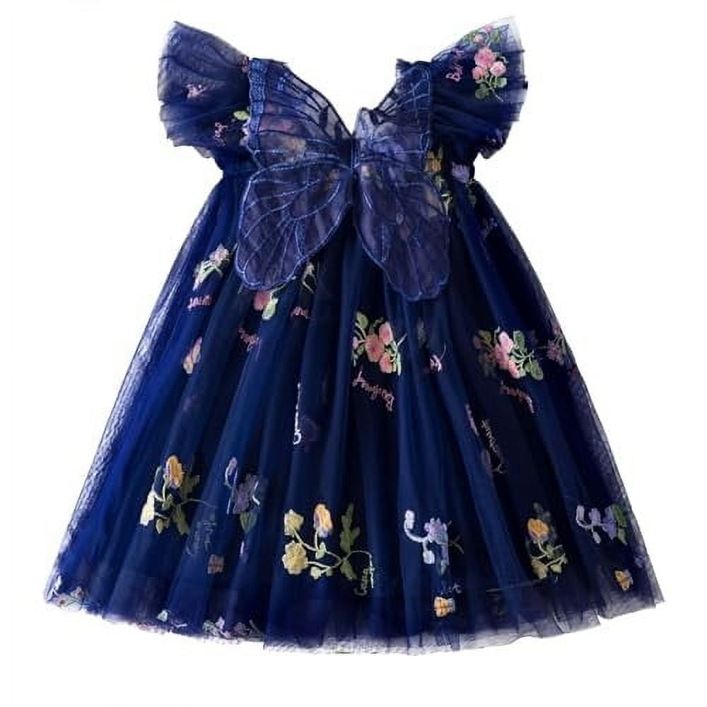 Pandaie Baby Girl Tulle Dress Flower Butterfly Wing Embroidery Sleeveless Romper Mesh Tutu Skirt Toddler Princess Birthday Party Dresses 3-4 Years Dark Blue