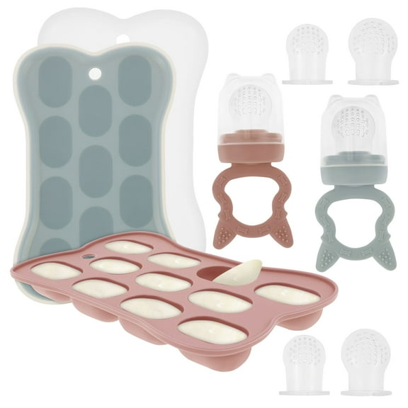 2 Pack Silicone Baby Fruit Feeder with Mini Freezer Tray, Baby Teethers, Breastmilk Popsicle Molds for Baby Teething Relief, Fresh Food Feeder for Safe Infant Self Feeding, Extra Food Pouches