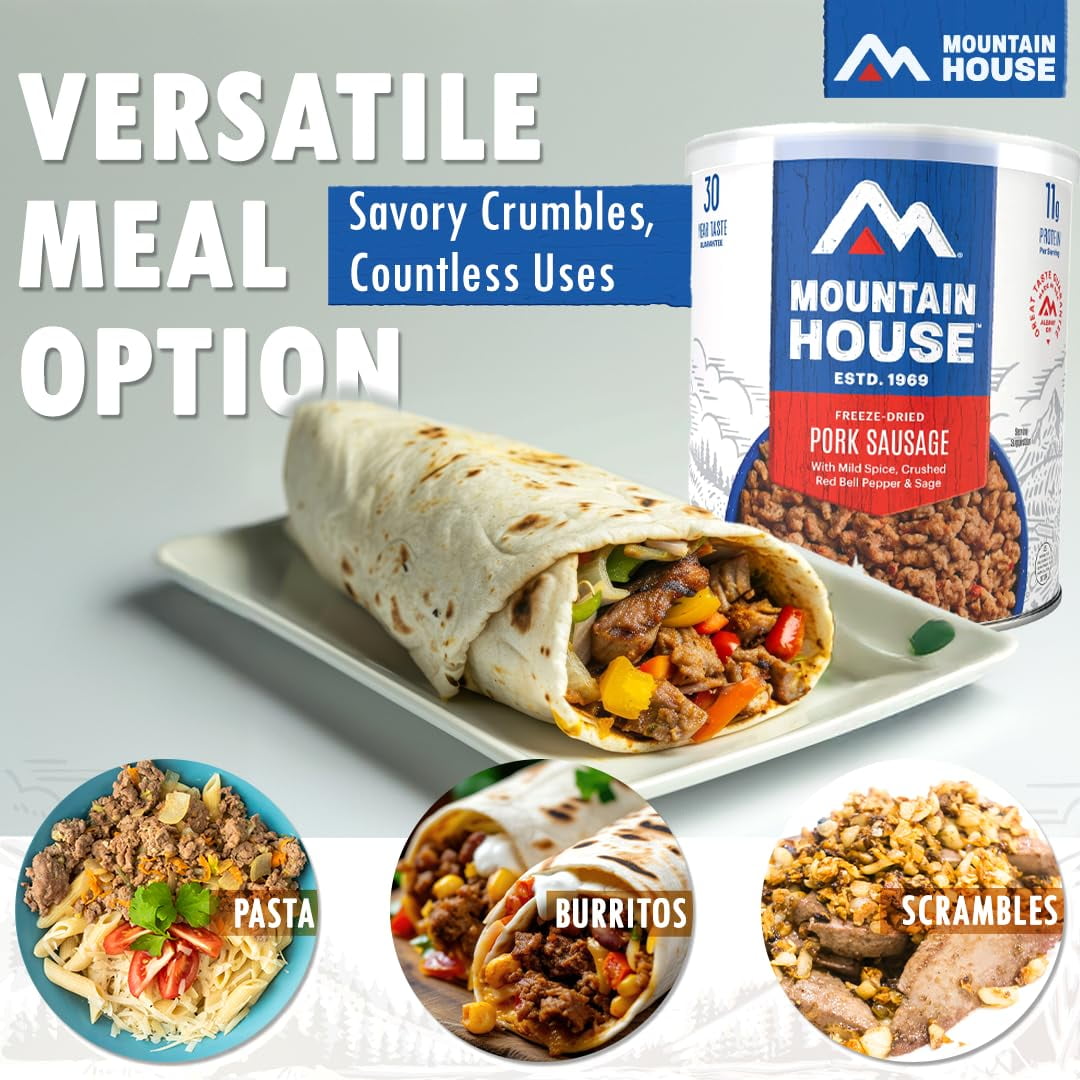 Mountain House Fully Cooked Pork Sausage with Mild Spice Freeze Dried Survival Camping Food, 32.4 oz, Can (6 Pack)