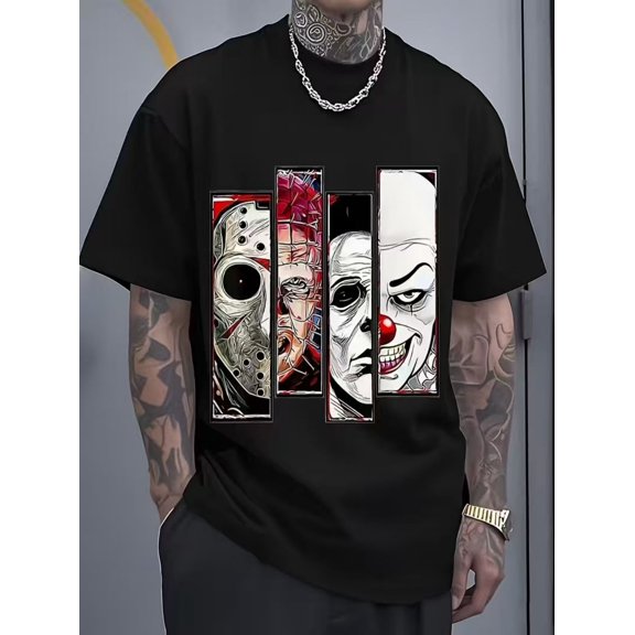 Men's Casual Sporty Short Sleeve T-Shirt with American vintage horror character patchwork. Stretchy & comfy, regular fit crew neck, knitted fabric. Great for sports, travel & daily wear.