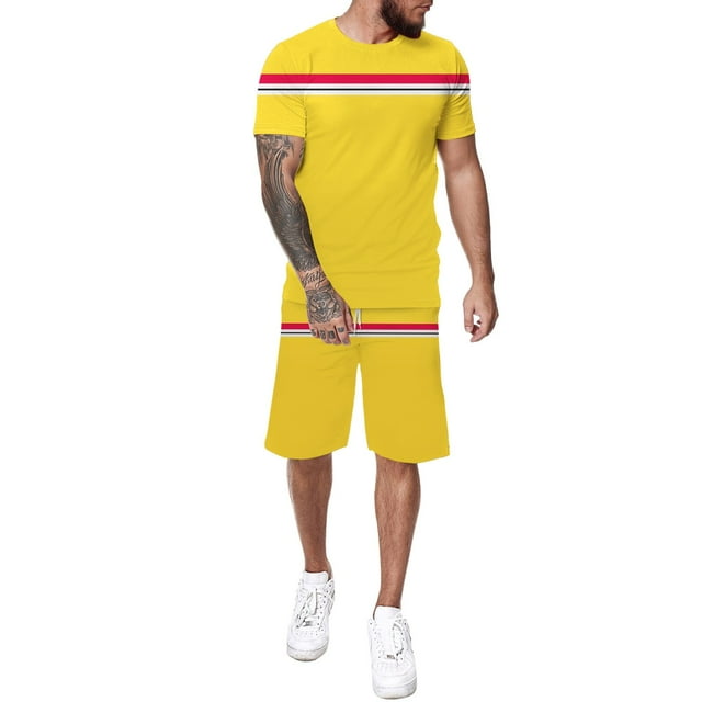 Cathalem Mens Short Sets 2 Piece Button Front Blouse Shirt and Drawstring Waist Shorts Set Beach Outfits,Yellow XL
