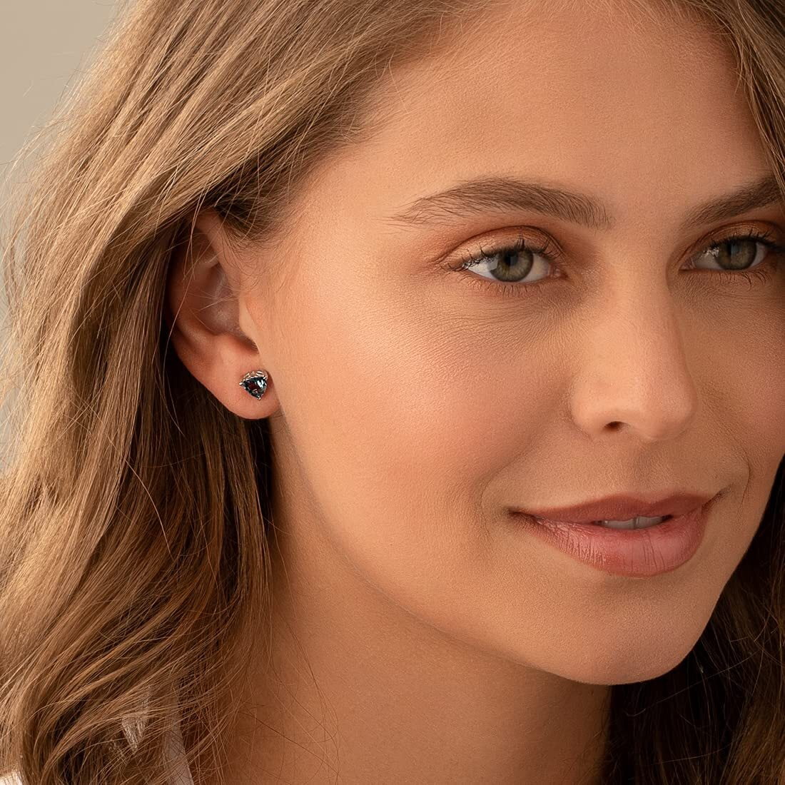 Peora London Blue Topaz Stud Earrings 925 Sterling Silver, Solitaire Scroll Gallery, 1.50 Carats Total, Trillion Cut, 6mm, Friction Back