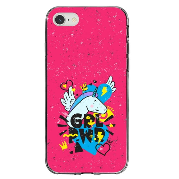 DistinctInk Clear Shockproof Hybrid Case for iPhone 7 8 SE (2020 Model) 4.7" Screen TPU Bumper Acrylic Back Tempered Glass Screen Protector - Girl Power - GRL PWR - Unicorn Hearts Graffiti