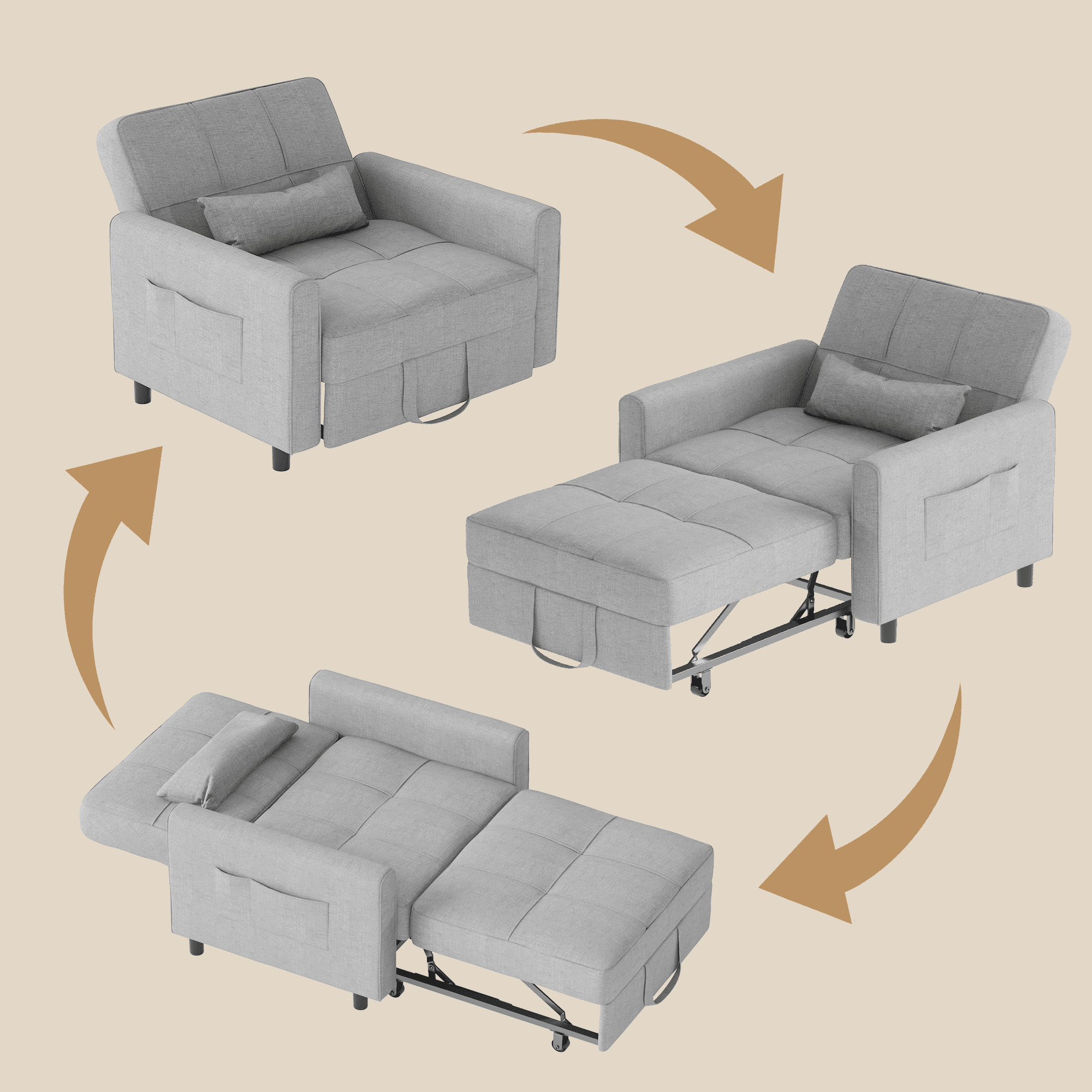Sofa Bed Chair Convertible, Sleeper Sofa with Pull-Out Bed, 3-in-1 Futon Couch with Reclining Backrest and Side Pocket, Light Grey