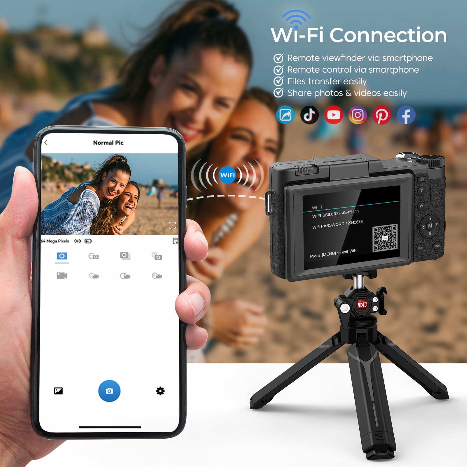 5K Vlogging Camera with WiFi 64MP 4K Digital Camera for Photography Vlog Camera with Flip Screen Video Camera for YouTube with Selfie Light, Desk Tripod, Batteries