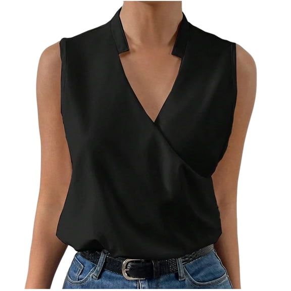 Samickarr Womens Tops Sleeveless V Neck Front Cross Pleated Solid Color Casual Loose Pullover T Shirt Camisole Blouse