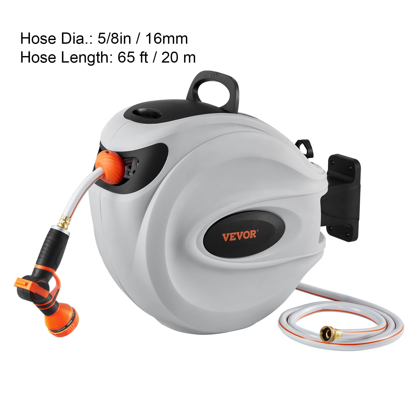 VEVOR Retractable Hose Reel, 65 ft x 5/8 inch, 180° Swivel Bracket Wall-Mounted, Garden Water Hose Reel with 9-Pattern Nozzle, Automatic Rewind, Lock at Any Length, and Slow Return System