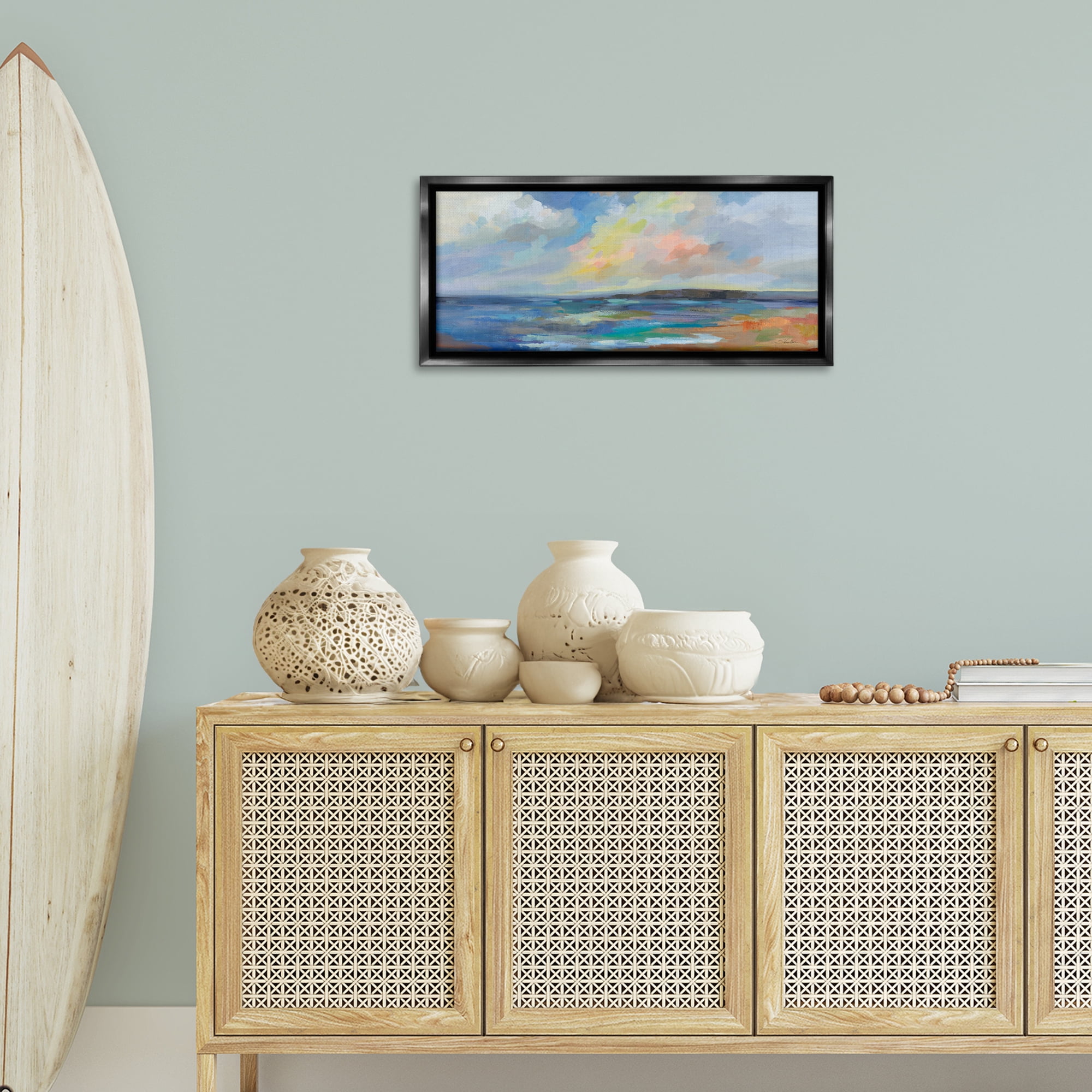 Stupell Industries Ocean Beach Sunset Landscape & Nature Painting Black Floater Framed Canvas Art Print Wall Art, 31 x 14