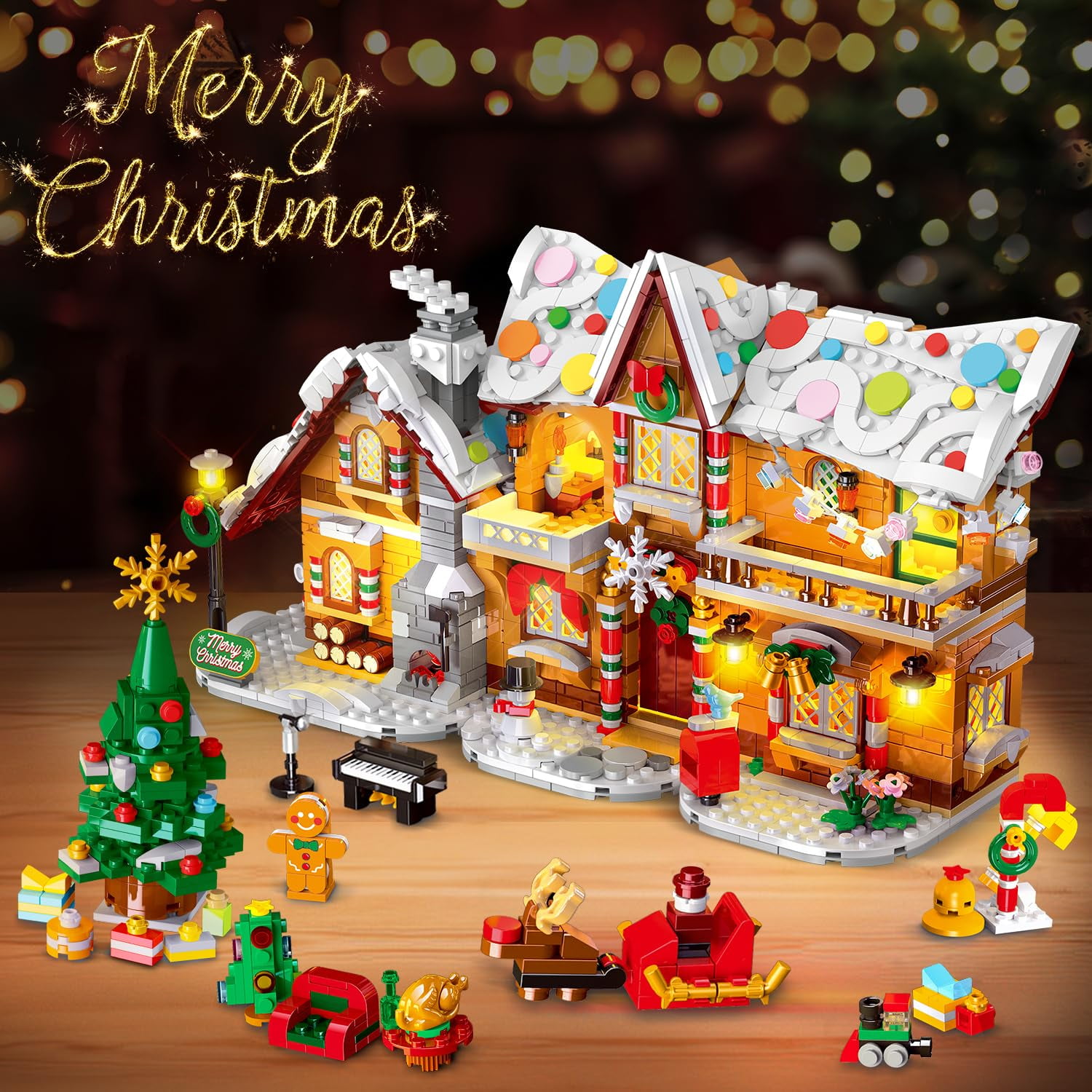 HOGOKIDS 1397PCS Christmas Gingerbread House Building Set, 3-in-1 Holiday Village Model with Santa Claus, Christmas Tree and Mini Figures, Building Blocks Set for Adults and Kids Ages 8+
