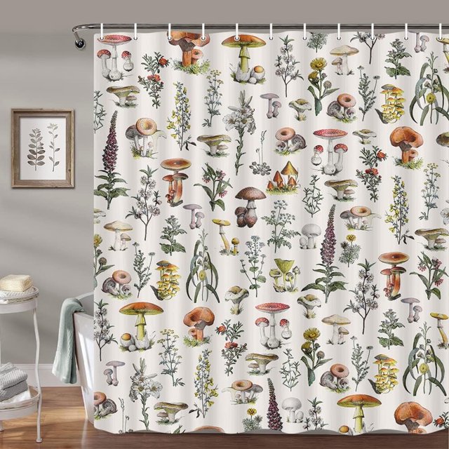 Cortina de ducha botánica vintage con plantas, hierbas, hongos, estilo cottagecore, decoración floral natural para baño, estética, beige neutro, accesorios de baño bohemios, 182 x 182 cm