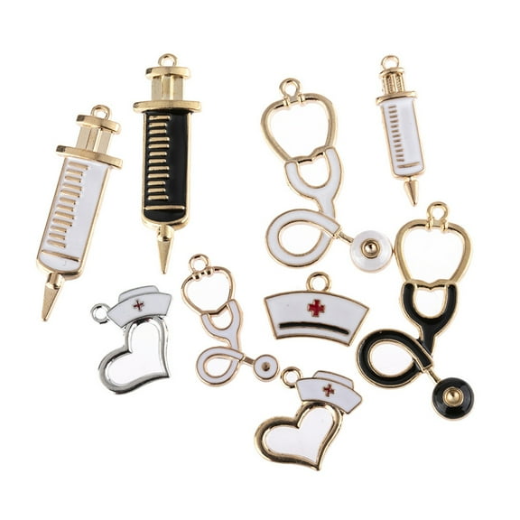 9 Pieces/Set Multi-shape Nurse Cap Stethoscope Syringe Charms Fashion Nurse Theme Pendant for w/ Loop for DIY Jewelry Ma