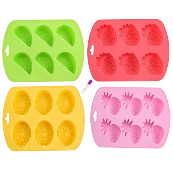 Naisfei 4 Pcs Fruit Shaped Jelly Molds, 3D Mini Pineapple Strawberry Orange Blueberry Mulberry Candle Silicone Fruit Mold for Jelly Fondant Soap Gummy Cake Cupcake Topper Decoration,with dropper