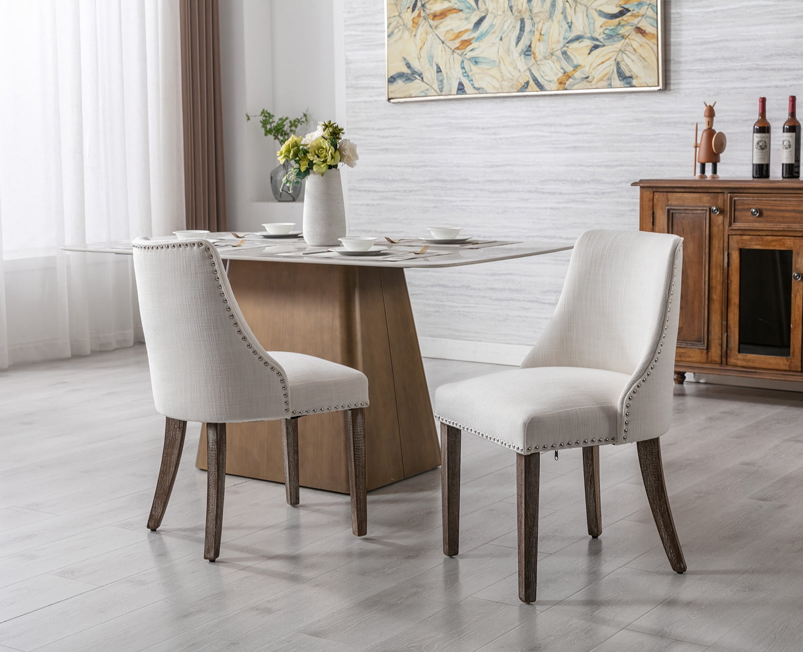 Guyou Dining Chairs Set of 2, Mid Century Modern Linen Upholstered Farmhouse Side Chairs with Nailhead and High Back for Kitchen Restaurant, Cream