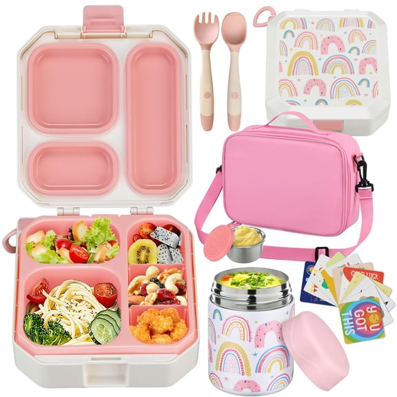 Lunch Box Set with 12oz Stainless Steel Thermo Jar, 5 Divider Leakproof Bento, Insulated Carrier, Tableware, , Travel, s s, Pink