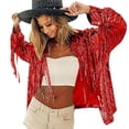 thumbnail image 2 of Tops de Manga Larga de las Mujeres Casual Color Sólido Suelto Lentejuelas Fringe Top Blazer para el Ocio Diario, 2 of 8