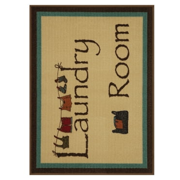 Ottomanson Non-Slip Rubberback Text 2x5 Laundry Room Runner Rug, 20" x 59" Oval, Yellow/Gray