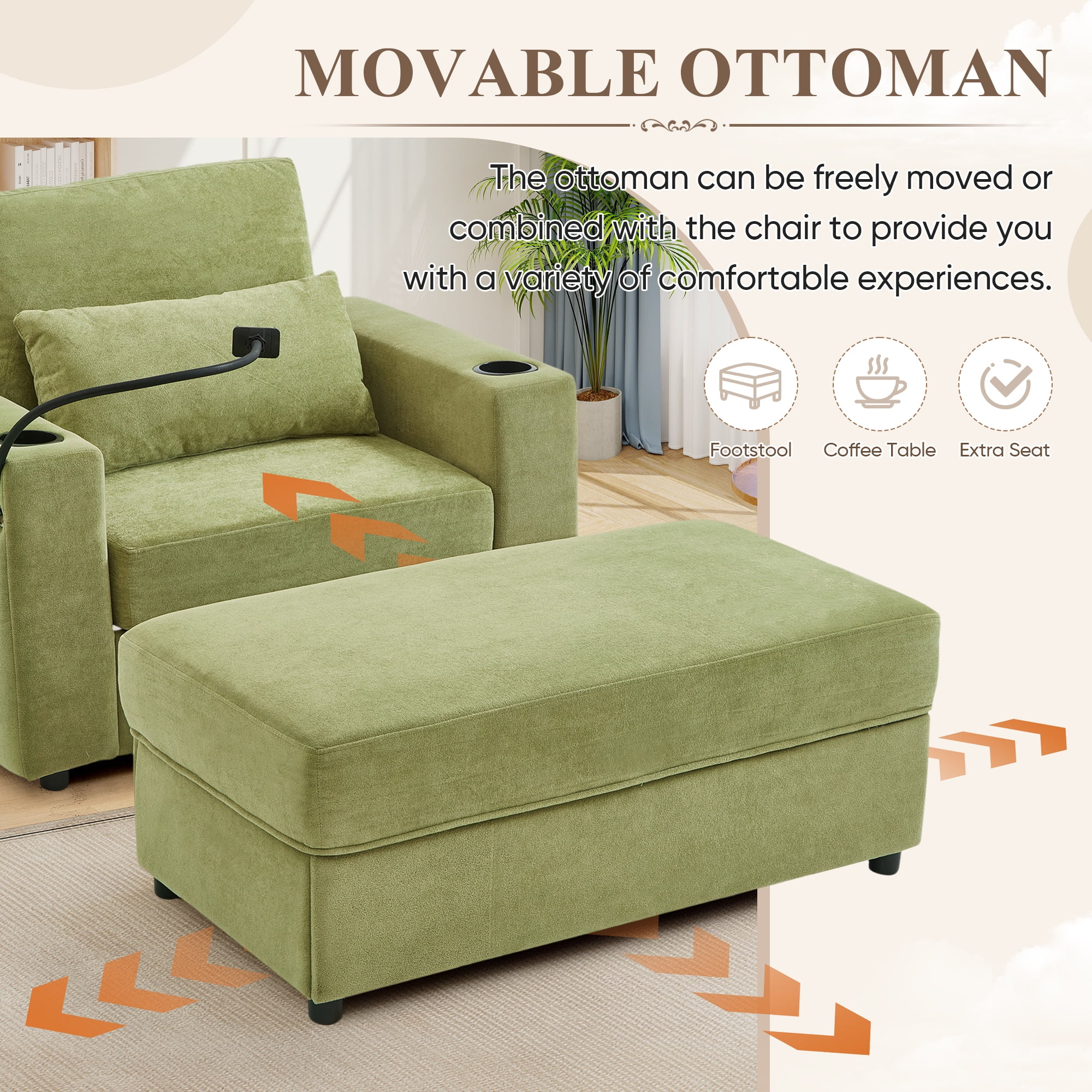 Lunale Accent Chair with Ottoman, Indoor Lounge Chair with USB & Storage, Modern Upholstered Sofa Armchair for Living Room, Bedroom, Apt., Green Chenille