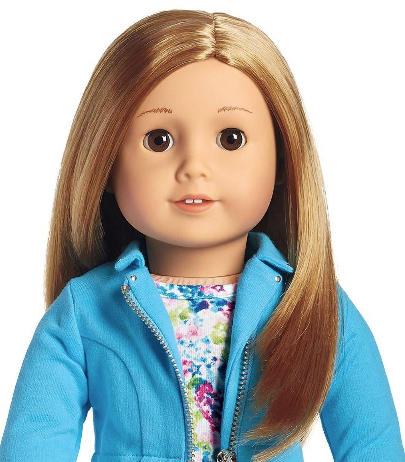 American girl doll with cheap brown hair and blue eyes