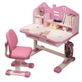 thumbnail image 2 of Arlohe Kids Study Desk and Chair Set, Adjustable Height Ergonomic Children's Desk with Drawer, Scientific Organization & Vision Protection, Cartoon Student Writing Table for Ages 3-15 (Pink), 2 of 8