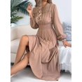 thumbnail image 5 of Womens Elegant Ruffled Long Sleeve Shirred Waist Pleated Maxi Dress for Women Flowy Bohemian Gown Khaki M, 5 of 9