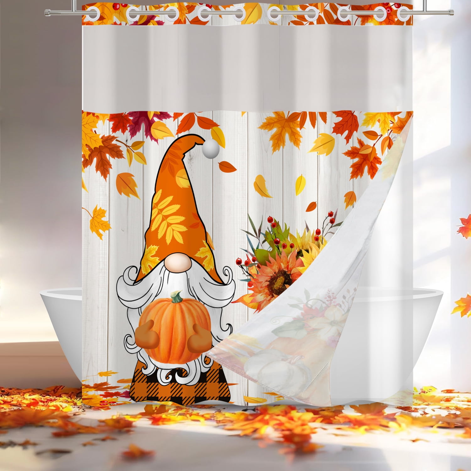 MIZHONA Fall Thanksgiving Shower Curtain with Snap in Liner,Gnomes with Maple Leaves Fabric Bathroom Curtain No Hook,71"×74"