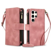 ELEHOLD for Samsung Galaxy S24 Ultra Wallet Case,Flip Leather Women Men Credit Card Cash Slot Zipper Kickstand Shockproof Case with Crossbody Wrist Strap for Samsung Galaxy S24 Ultra,Rosegold