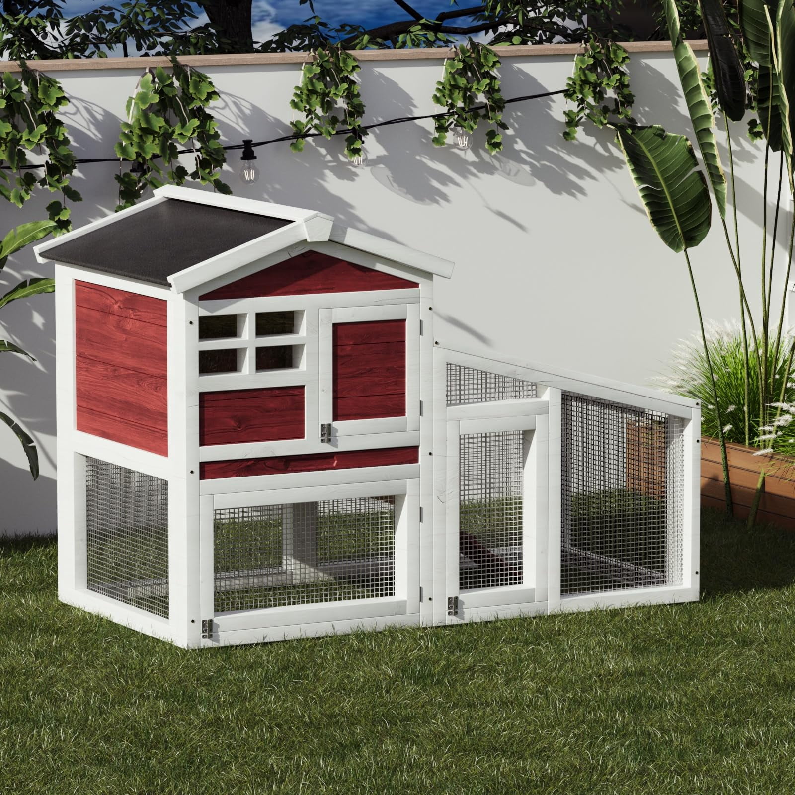 Expandable 2-Story Wooden Small Animal Cage – Anti-Chew Metal Frame, Pull-Out Tray, Non-Slip Ramp, Weatherproof Asphalt Roof – Ideal Hutch for Rabbits, Guinea Pigs, Chickens, Ducks – Rufous White