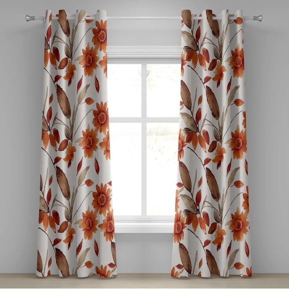 Ambesonne Floral Grommet Curtain, Art Autumnal Romance Flowers, 50"x84", Burnt Orange Umber and White