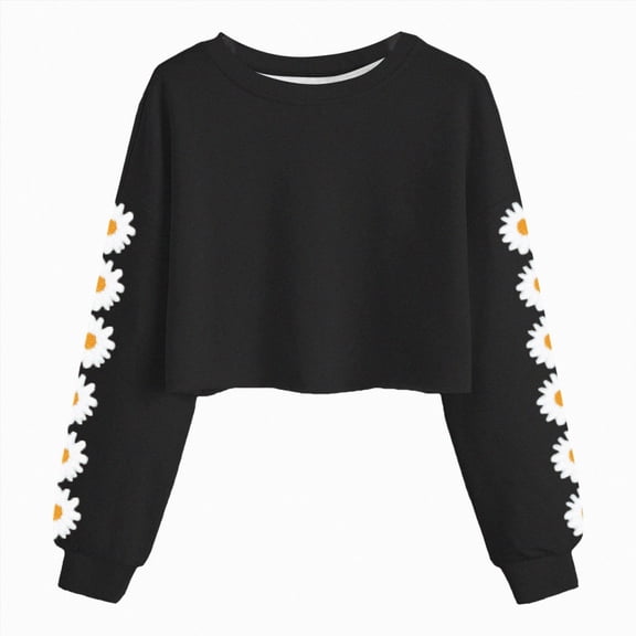 WUANDIXFA Kids Crop Tops Girls Hoodies 4-13 Years Cute Flower Long Sleeve Fashion Sweatshirts,Black,8-9 Years
