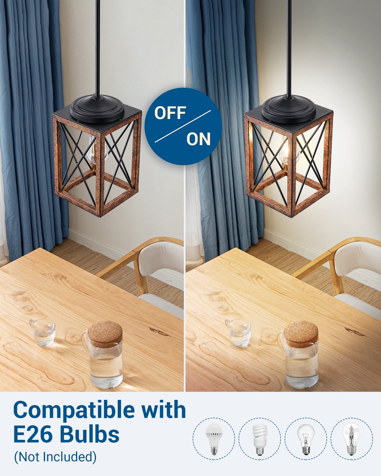 DEWENWILS 2 Pack Farmhouse Pendant Lighting for Kitchen Island, Wood and Metal Hanging Light Fixture for Dining Room, Adjustable Height