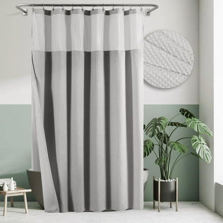Barossa Design Cotton Blend Waffle Weave Shower Curtain with Snap-in Fabric Liner  Mesh Window Top  Lake Wanaka Gray  71 W x 84 H