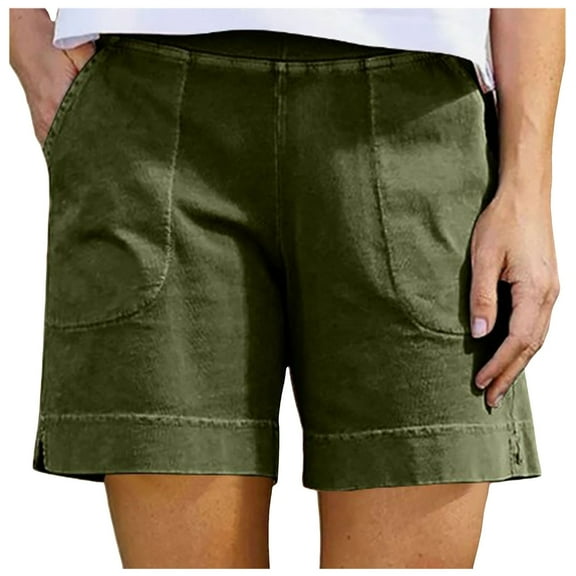 Cotton Shorts for Women Casual 7 Inch Inseam Shorts Summer Elastic Waist Short Vacation Beach Outfits with Pockets