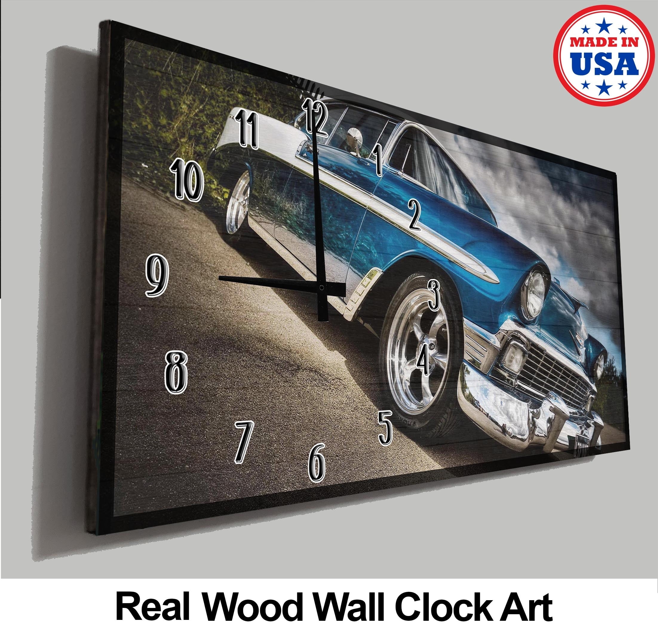 Vintage Car Wall Clock Blue White And Chrome Classic Old Hot Rod Man