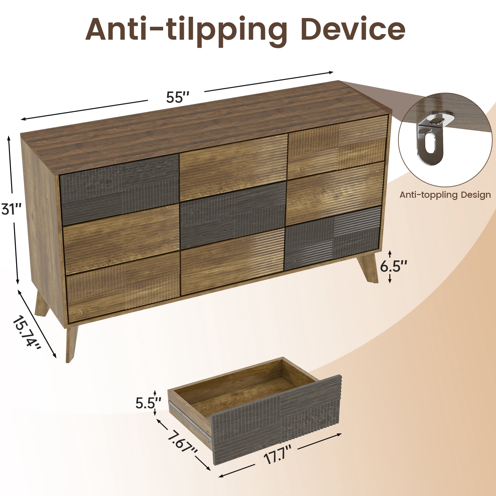 Danpinera Home 55" Wooden Dresser for Bedroom, 9 Drawer Double Dresser with Fluted Front, Mid Century Modern Push-to-Open Chest of Drawers, Dark Wood