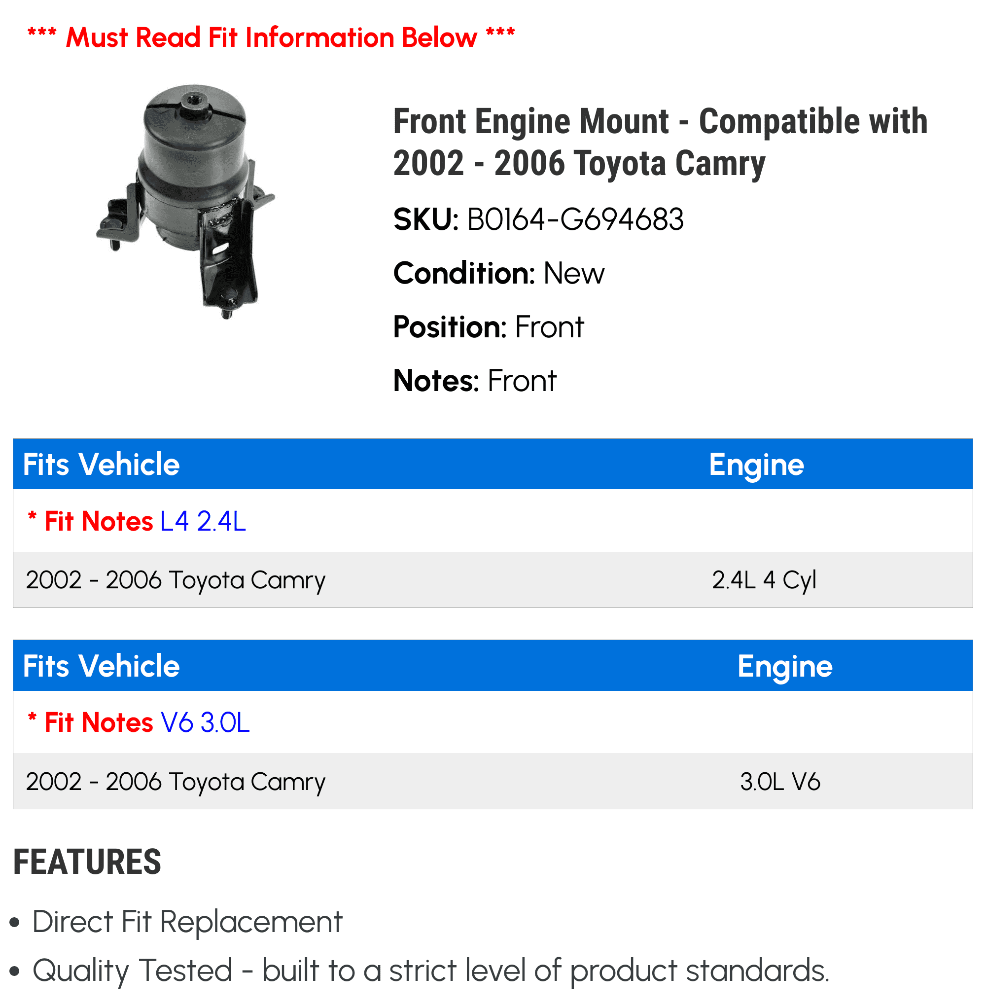 Front Engine Mount - Compatible with 2002 - 2006 Toyota Camry 2003 2004 2005