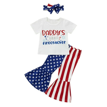 

Frobukio Little Girls 3Pcs Independence Day Clothes Outfits Short Sleeve Letter Printed T-Shirt + Pants + Headband White 5-6 Years