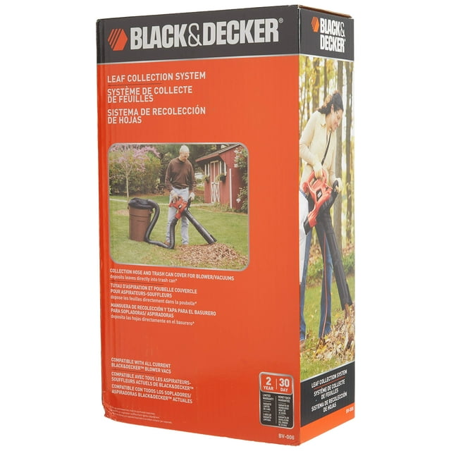 acoplamiento para manguera sopladora de hojas black+decker bv-006, 2,4 m embalaje del accesorio de recolección de hojas: caja negra y naranja con logo BLACK+DECKER, vista frontal con foto que muestra la manguera conectada a un soplador y dirigida a un bote de basura en un jardín; texto multilingüe y especificaciones impresas; accesorio también suele usarse para guardar la manguera durante el almacenamiento.