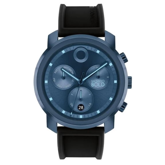 MOVADO BOLD 3601049 TREND BLUE CHRONOGRAPH DIAL BLACK SILICONE STRAP MENS WATCH
