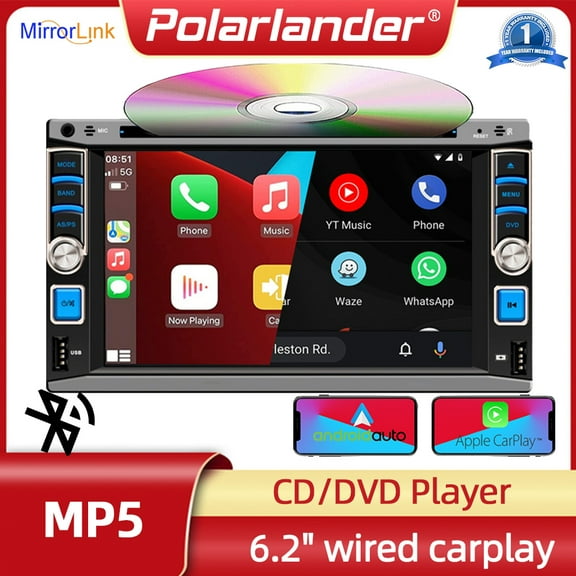 6.2" Double DIN Car Stereo with CD/DVD Player, Apple CarPlay & Android Auto, Bluetooth 5.2, MirrorLink, Backup Camera Input