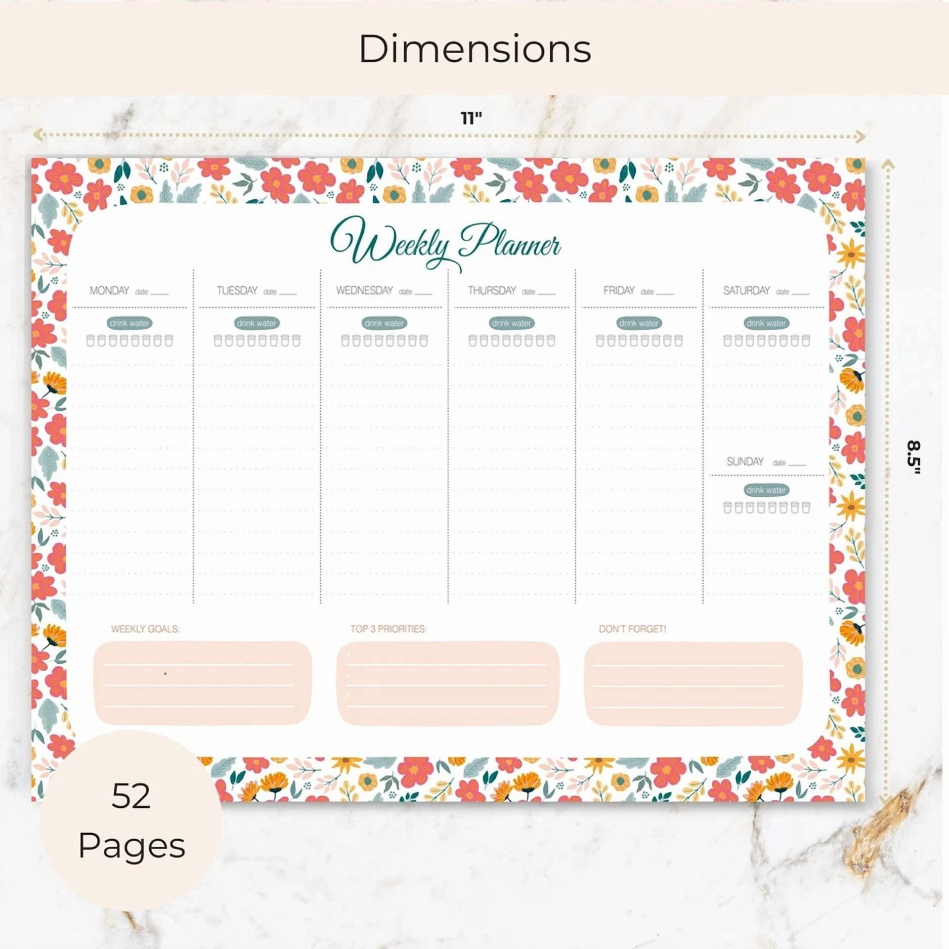 Floral Weekly Planner -To-Do List With Water Tracker And 52 Tear-Off Sheets