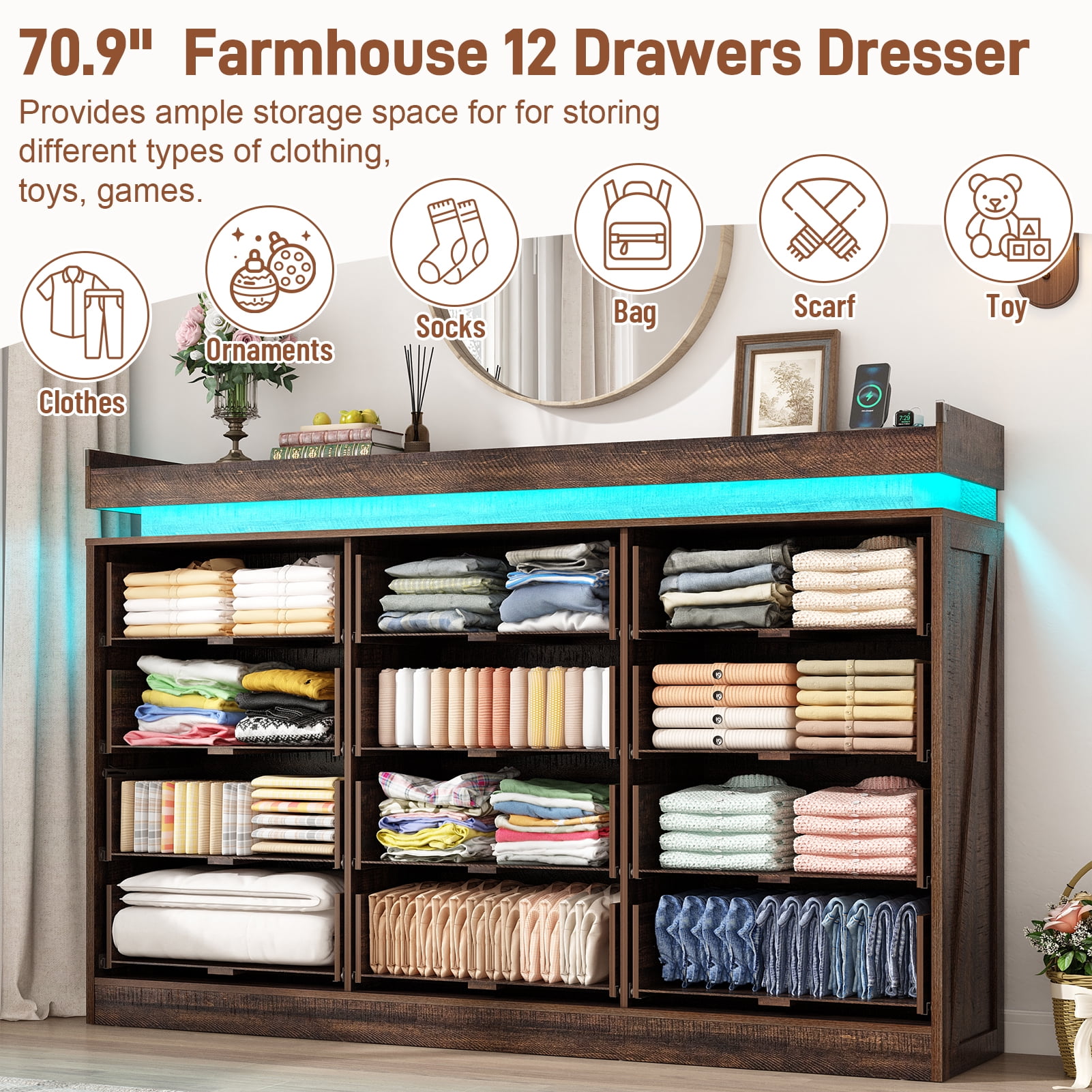 ChVans 12 Drawer Dresser with LED Light and Charging Station, 71" Wide 46" Tall Farmhouse Large Chest of Drawers for Closet, Large Wide Drawer Organizer Cabinet for Bedroom, Living Room
