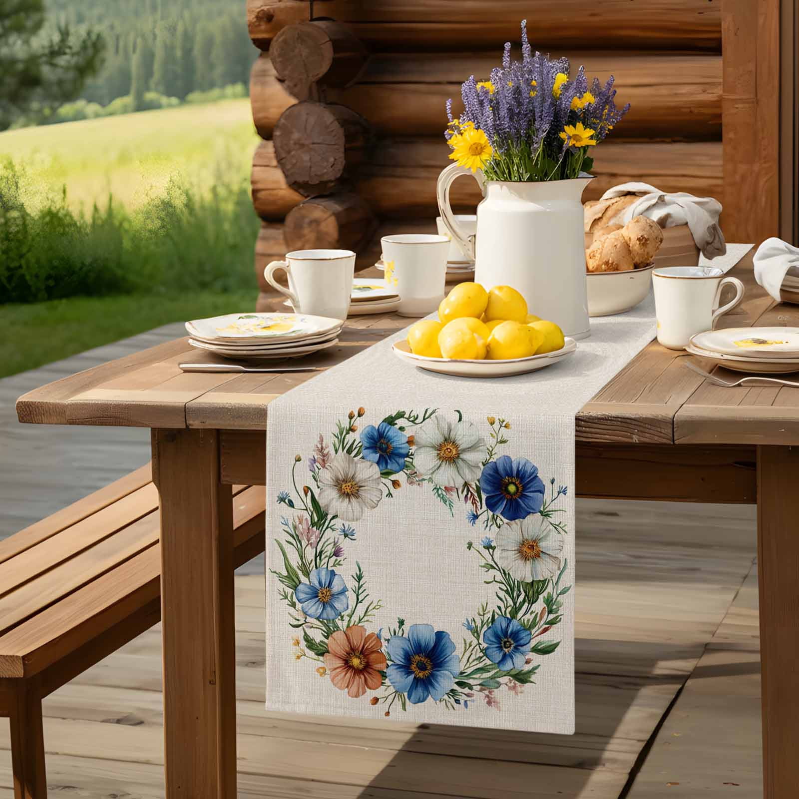 Watercolor Summer Flower Garland Table Runner 90 Inches Long, Beige Linen Background Table Runners Tabletop Scarf Kitchen Dining Tables Decoration for Home Party Indoor Outdoor